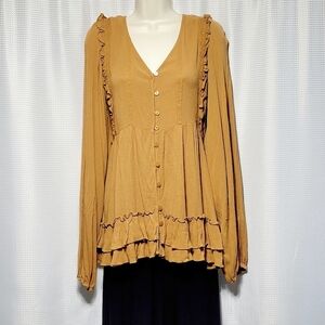 HEYSON Golden Copper Flowy Gauze with Lace Ruffles Layers Blouse (L)